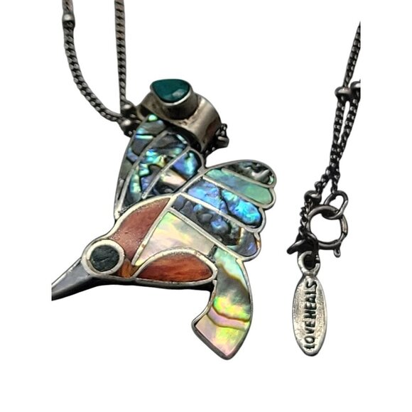 950 Fine Silver Channel Inlay Hummingbird Pendant Necklace 18" 925 Chain… - Picture 7 of 14